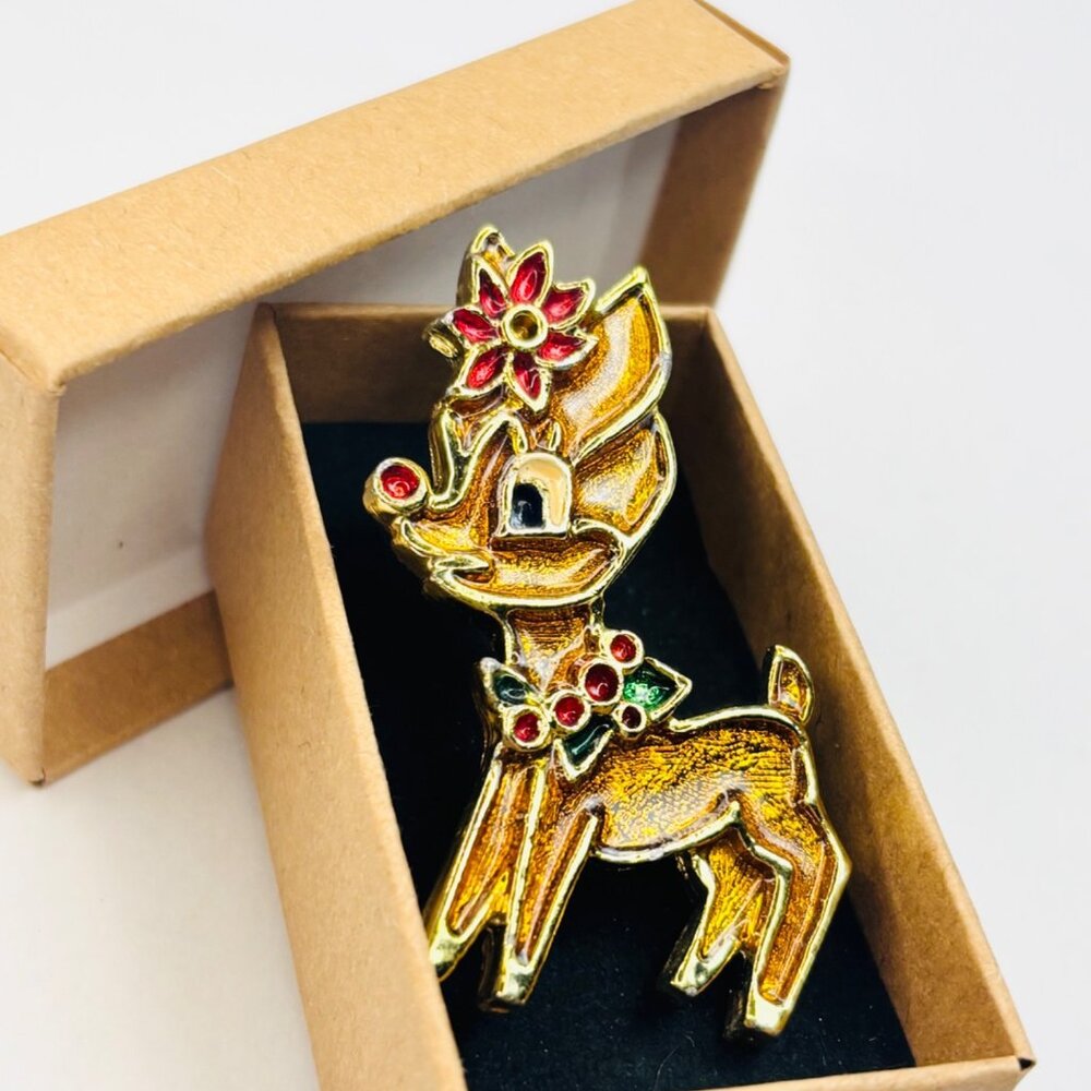 Vintage Gold-Tone Reindeer Brooch With Red Rhinestones & Poinsettia